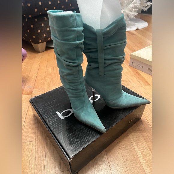 Bebe Y2K Pointy Toe Slouch Boots Aqua, Teal Suede/Leather - Picture 2 of 9